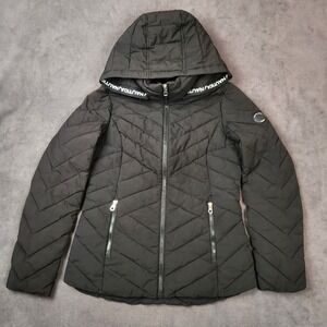 Nautica Puffer Jacket Womens Small Black Packable Water Resistant Removable hood